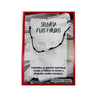 Pulsera 7 nudos negro cordón fino con Selenita